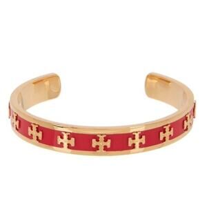 NEW Tory Burch Enamel Raised Logo Stacked T Cuff Bracelet M Red Volcano Gold